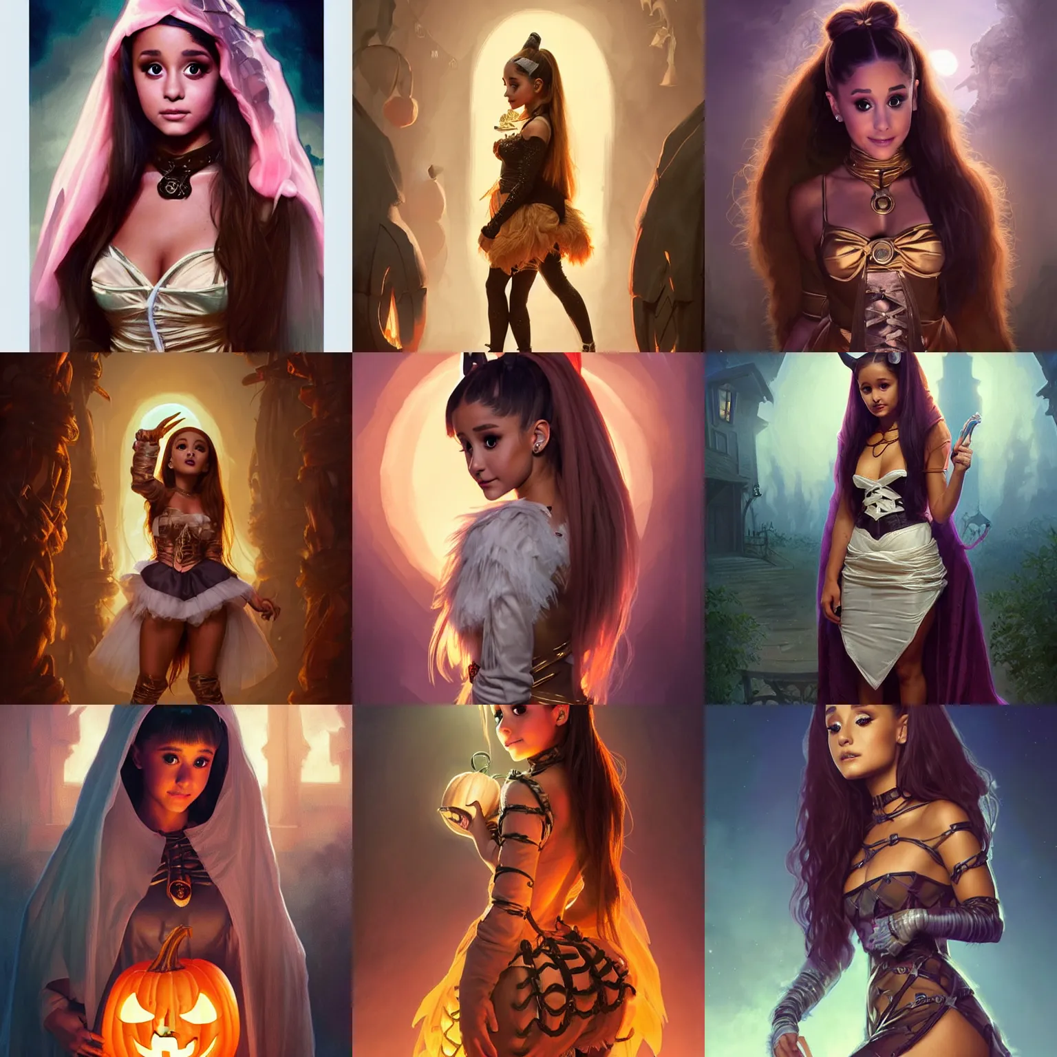Prompt: ariana grande trick or treating in halloween night, wearing a mummy costume, full body shot, intricate, highly detailed, digital painting, artstation, concept art, matte, sharp focus, illustration, hearthstone, art by artgerm and greg rutkowski and alphonse mucha