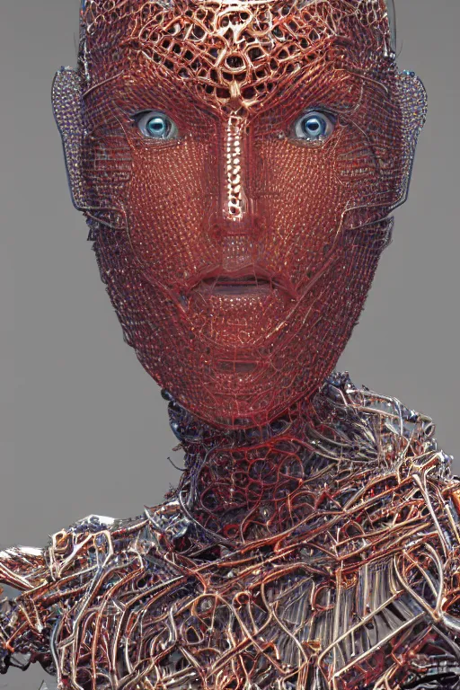 Image similar to a melancholic realistic 8k Sculpture of a complex robotic human face, liquid simulation, bright psychedelic color, dramatic lighting, silver gold red details, hexagonal mesh wire, filigree intricate details, cinematic, fleshy musculature, white blossoms, elegant, octane render, art nouveau, 8k post-processing, intricate art by John Collier and Albert Aublet and Krenz Cushart and Artem Demura and Alphonse Mucha