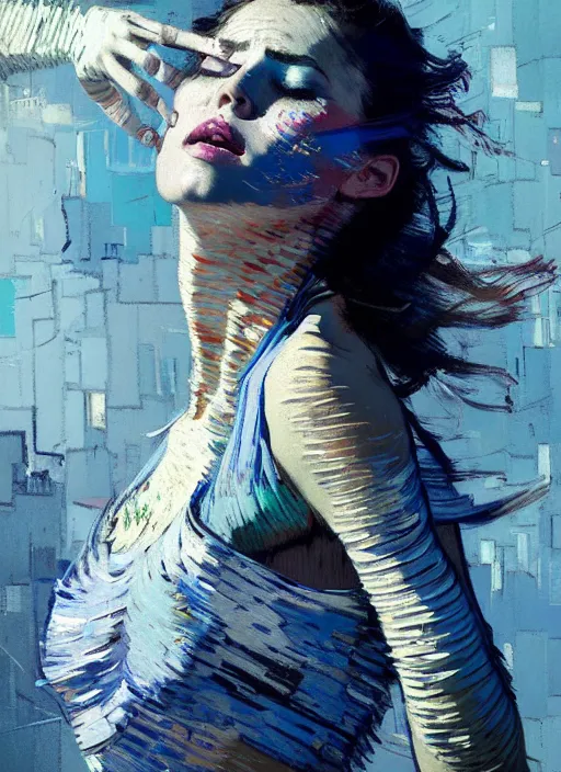 Image similar to portrait of beautiful girl, ecstatic, dancing, eyes closed, shades of blue and grey, beautiful face, rule of thirds, intricate outfit, spotlight, by greg rutkowski, by jeremy mann, by francoise nielly, by van gogh, digital painting