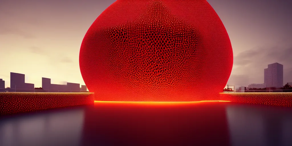 Prompt: A beautiful architectural rendering of a blob shaped trypophobia house with a mysterious red glow emitting from inside in a modern cityscape by a river, stunning, gorgeous, golden ratio, photorealistic, featured on artstation, 4k resolution