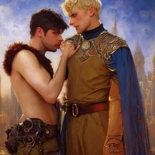 Image similar to attractive male arthur pendragon confesses his love to attractive male merlin. highly detailed painting by gaston bussiere, craig mullins, j. c. leyendecker 8 k