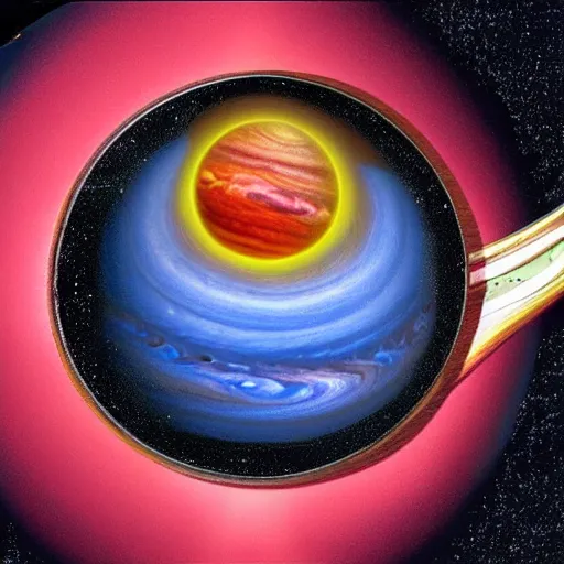 Image similar to a teacup containing a planet Jupiter as a boiling liquid, hyper realistic