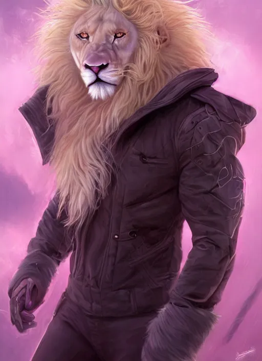 Image similar to aesthetic portrait commission of a of a male fully furry muscular anthro albino lion with a tail and a beautiful attractive hyperdetailed face wearing stylish and creative unkempt black and pink wired clothes in a sci-fi dystopian city at golden hour while it storms in the background. Character design by charlie bowater, ross tran, artgerm, and makoto shinkai, detailed, inked, western comic book art, 2021 award winning painting