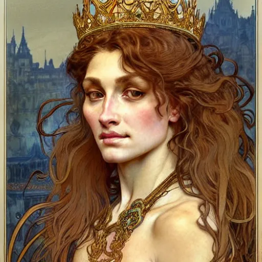 Image similar to highly detailed portrait of a majestic lioness queen as a beautiful woman. d & d, art by anton pieck and augustus edwin mulready and alphonse mucha and magali villeneuve. trending on artstation, intricate details, energetic composition, golden ratio, concept art, illustration, elegant art