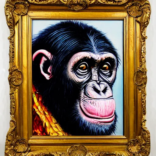 Image similar to portre of an autistic demonic chimpanzee on acid, masonic and kabalistic symbols in background, oil painting