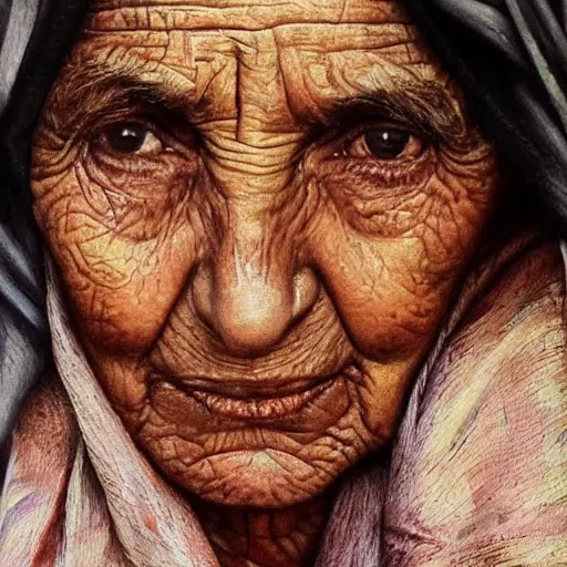 Prompt: portrait of a gentle and caring Kurdish grandmother, very detailed eyes, hyperrealistic, beautiful, very detailed painting by Glenn Fabry, trending on artstation, extremely high detail, incredibly intricate