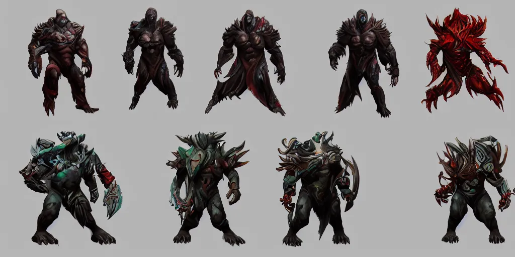 Prompt: three different views of a predator set for dota 2, concept art by senior character artist, trending on artstation, artstation hd, full body