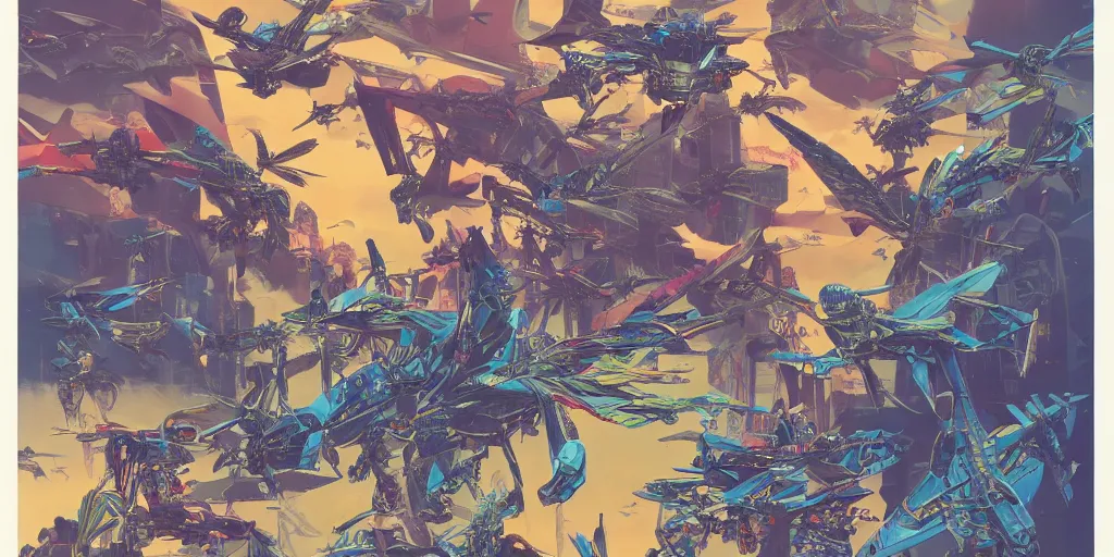 Image similar to risograph, gigantic mecha arzach birds with dragonflies, tiny rats, a lot of exotic animals around, big human faces everywhere, helicopters and tremendous birds, by satoshi kon and moebius, matte yellow colors, surreal design, crispy, super - detailed, a lot of tiny details, no blur, 4 k, fullshot