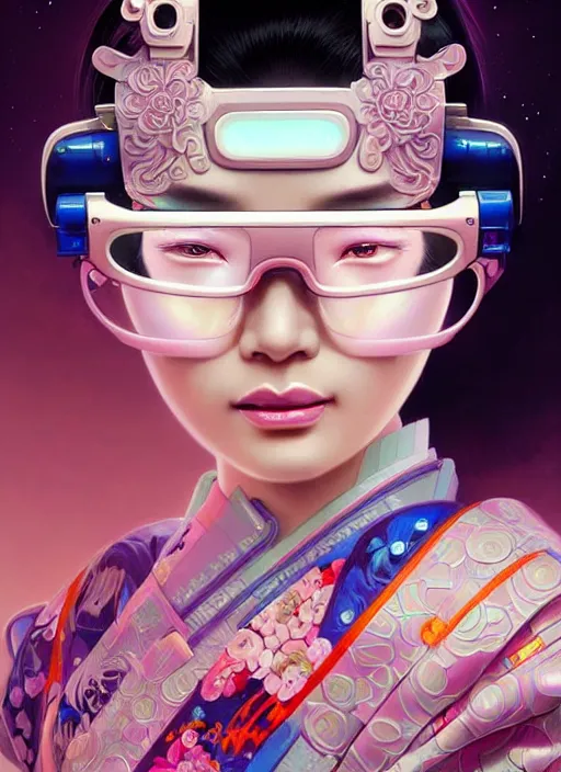 Image similar to portrait illustration of female japanese android wearing a vr eyewear and very detailed and intricate geisha kimono dress, intricate detail, cyber neon lighting, highly detailed, artstation, glamor pose, concept art, art by peter mohrbacher and boris vallejo and liam wong, pinterest, artstation, digital painting,