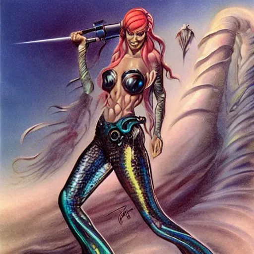 Image similar to mermaid cyborg with a laser whip, realistic, detailed, photorealistic, in the style of boris vallejo