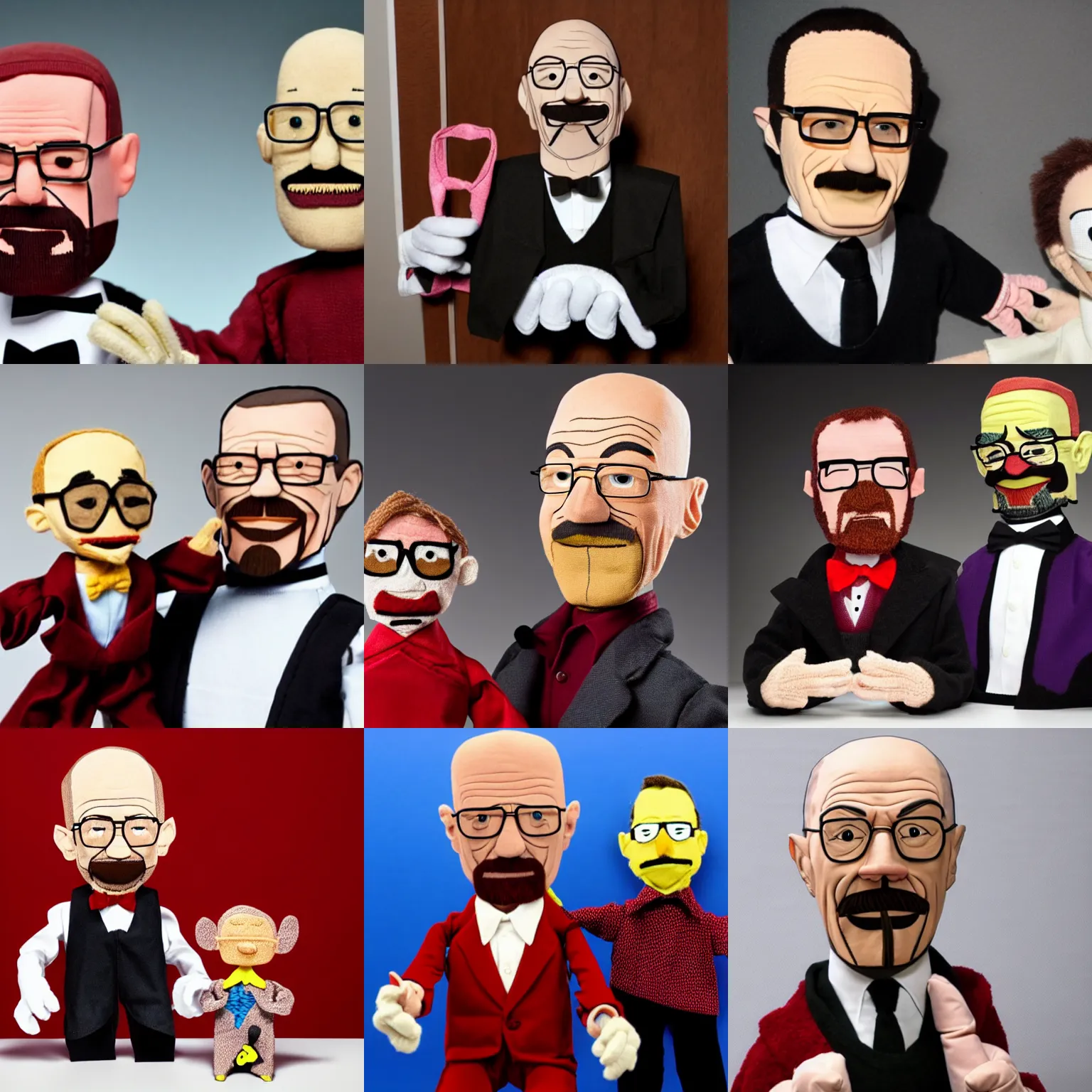 Prompt: a walter white ventriloquist puppet