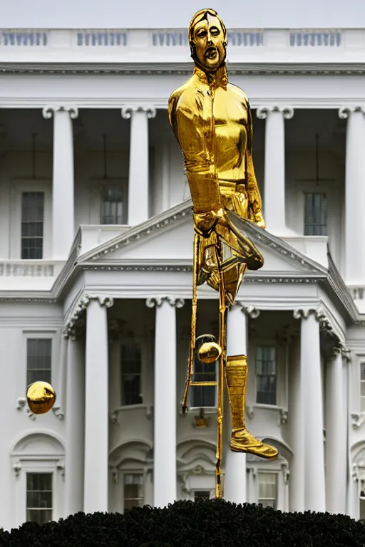 Image similar to A beautiful polished gold statue of Nicholas Cage in front of the White House, photo by Steve McCurry