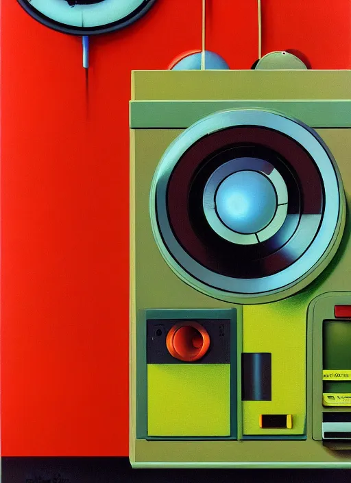 Image similar to still life 8 0 s era technology, vintage shapes, retro technology, happy color, wayne barlow, oil on canvas, deep depth field, masterpiece, cinematic composition, hyperdetailed