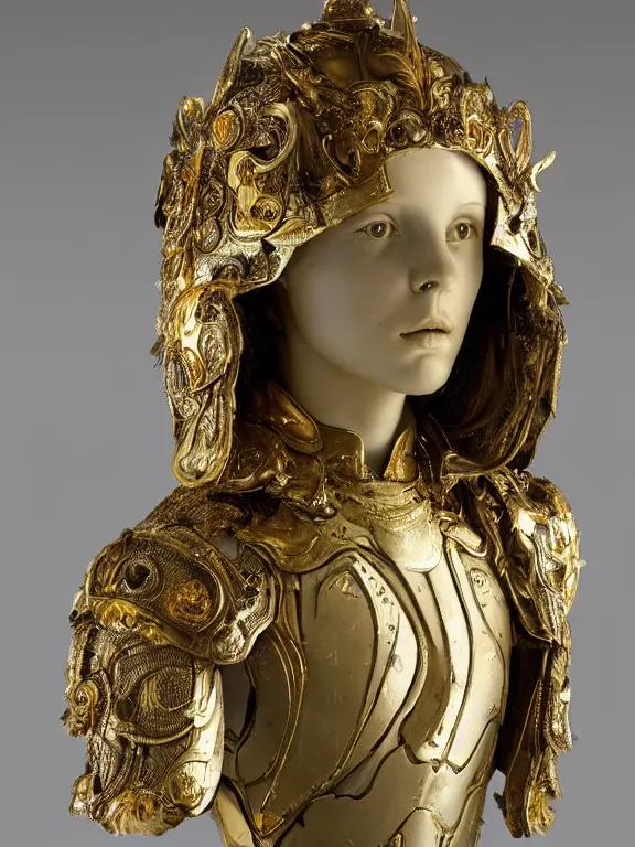 Image similar to a backlit art nouveau marble head and torso sculpture of a worried young millie bobby brown with long, flowing hair, wearing intricate gold plate armor on her chest and an elaborate golden helmet, delicate, intricate, smooth, beautiful, glowing, by charles van der stappen