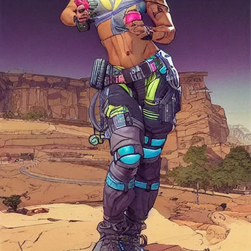 Image similar to Apex legends cyberpunk fitness babe. Concept art by James Gurney and Mœbius.