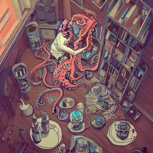 Prompt: cool trendy apartment interior, with octopus monster, android woman, extremely detailed, sharp focus, wide view, full body shot, smooth, digital illustration, by james jean, by rossdraws, moebius, frank franzzeta, mcbess, sakimichan