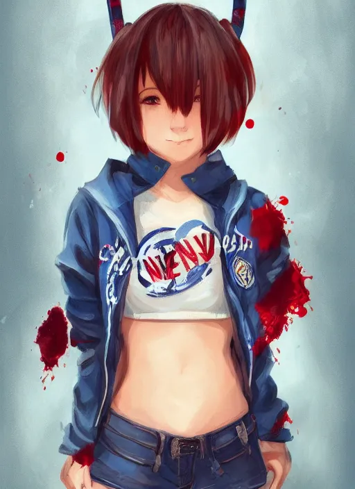 Prompt: a highly detailed illustration of short hair cute japanese girl wearing blood stained blue hoodie with the word nevada on it, dramatic smile pose, intricate, elegant, highly detailed, centered, digital painting, artstation, concept art, smooth, sharp focus, league of legends concept art, WLOP