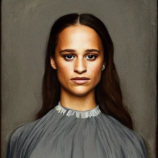 Image similar to portrait of Alicia Vikander wearing grey 1850 dress, in the style of the Hudson River School