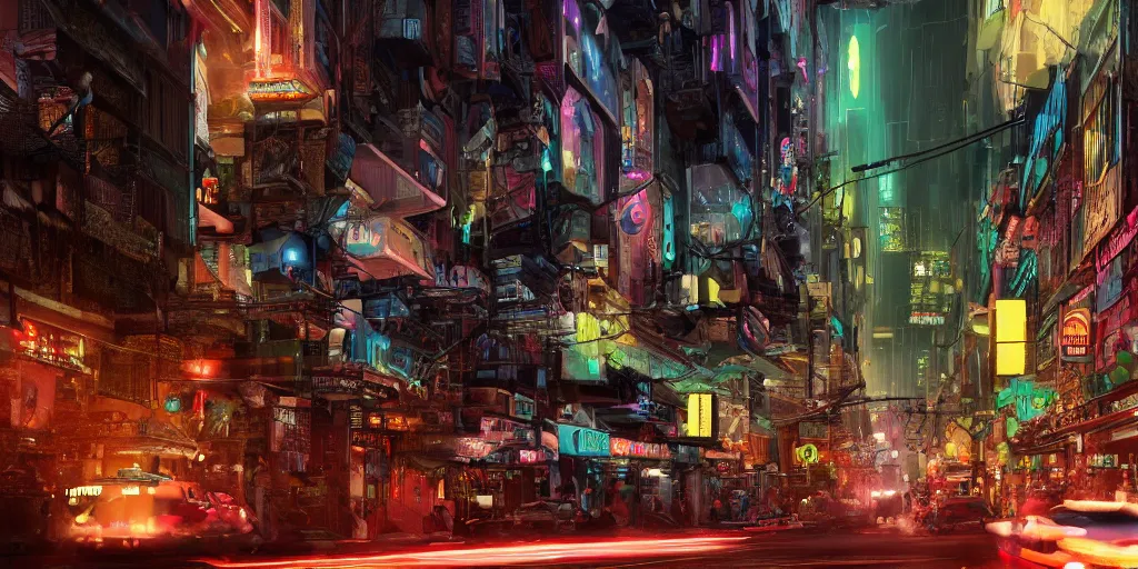 Image similar to a guatemalan crowded cyberpunk city with the fifth element vibe with neon ads and signs with evocative dramatic mood with blade runner vibe with cars and floating vehicles with motion blur with depth of field with bloom with lightshaft with volumetric lights, fog, by jeremy mann, oscar winning graphics, photo realistic, bloom, imax, dynamic lighting, artstation,