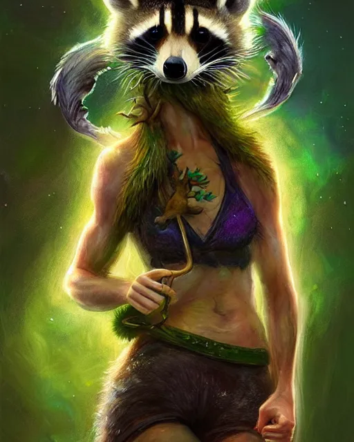 Prompt: female druid holding pet raccoon, perfect face, thin antlers, green halter top, ginger hair, abs, cinematic, freckles, stunning, athletic, strong, agile, highly detailed, psychedelic, digital painting, artstation, smooth, hard focus, illustration, art by jessica rossier and and brian froud