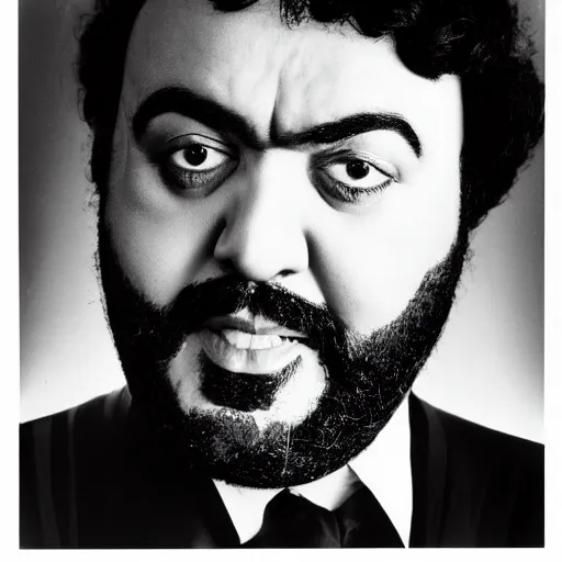 Image similar to black and white photo, portrait of Luciano Pavarotti by richard avedon, realistic, Leica, medium format, cinematic lighting, parallax, high resolution,