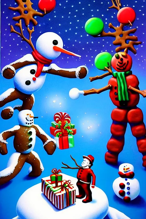 Image similar to a hyperrealistic painting of a 3 d christmas nightmare isometric gingerbread man vs snowman boss fight, cinematic horror by chris cunningham, lisa frank, richard corben, highly detailed, vivid color,