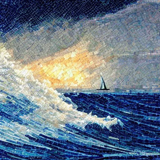 Image similar to sailing boat in storm, dramatic sunrise, huge waves, mosaic,