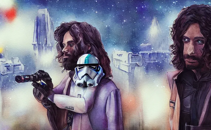 Image similar to a realistic star wars watercolor fantasy concept cart of chris d'elia as a drug dealer in a sleazy futuristic city of coruscant, hq, 4 k