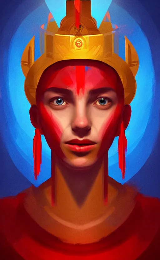 Image similar to a portrait of a young oracle with red face and blue body staring at us, symbolic painting, golden crown of light, art by aleksander brodzinski, trending on artstation