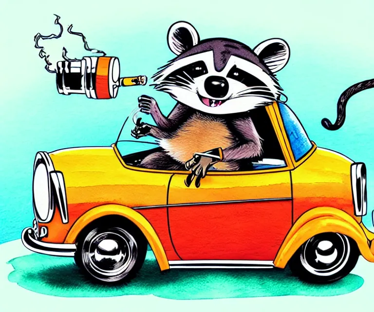 Prompt: cute and funny, racoon with a cigarette in mouth wearing a helmet riding in a tiny hot rod coupe with oversized engine, ratfink style by ed roth, centered award winning watercolor pen illustration, isometric illustration by chihiro iwasaki, edited by range murata