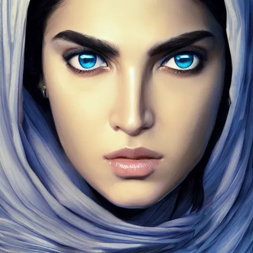 Prompt: greek ameera al taweel , blue eyes, serious, sharp focus, beautiful face, Hyper-realistic, Highly Detailed, HD, by Brom, by beeple, studio ghibli, wallpaper, highly detailed, trending on artstation