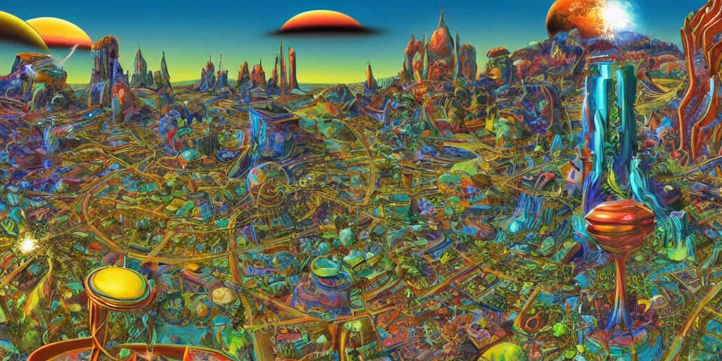 Image similar to a psychedelic retro sci fi city in space by roger dean equirectangular projection