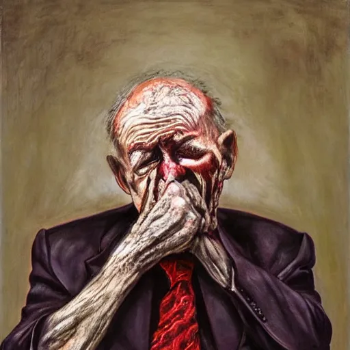 Image similar to macabre magic realism portrait of dying, old man sitting in chair and melting into unreal colors : : oil painting by ivan albright