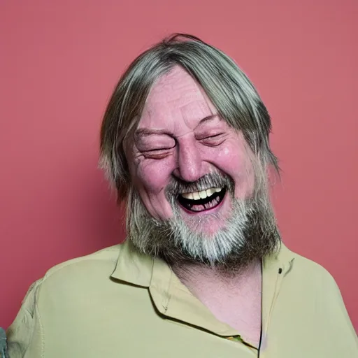 Image similar to robert wyatt laughing maniacally and pointing a gun directly at the camera