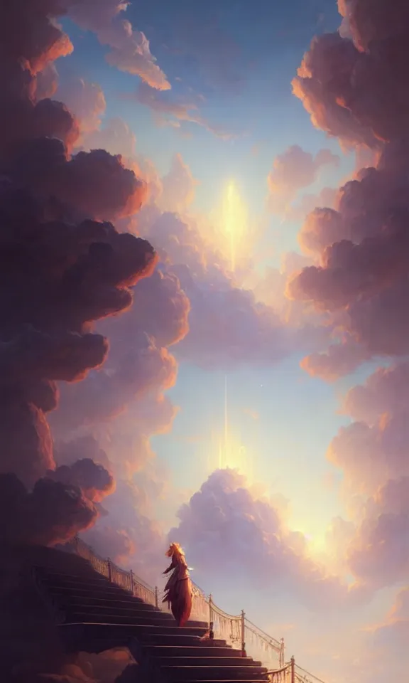 Image similar to stairway to heaven, sky full of clouds, art by greg rutkowski and peter mohrbacher, featured in artstation, octane render, cinematic, elegant, intricate, ultra detailed, rule of thirds, professional lighting, unreal engine, fantasy, concept art, sharp focus, illustration, 8 k