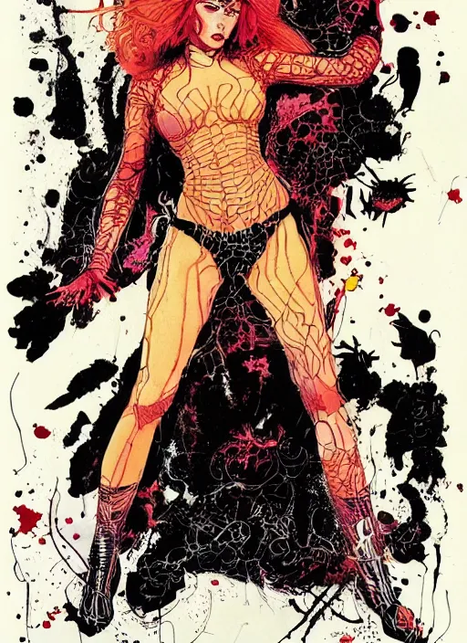 Prompt: comic cover art by david mack and michael kaluta, black widow full body, tight fit, vivid vector colors, russian female, perfectly symmetrical facial features, hyperdetailed, bleed, spatter, india ink, bill sienkiewicz