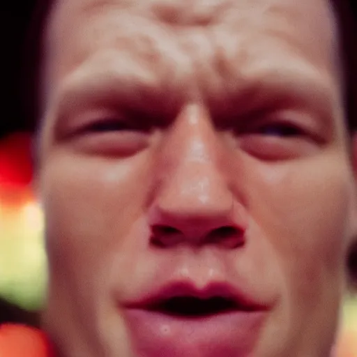Prompt: A close-up of a John Cena face, captured in low light with a soft focus. There is a gentle pink hue to the image, and the woman’s features are lightly blurred. Cinestill 800t