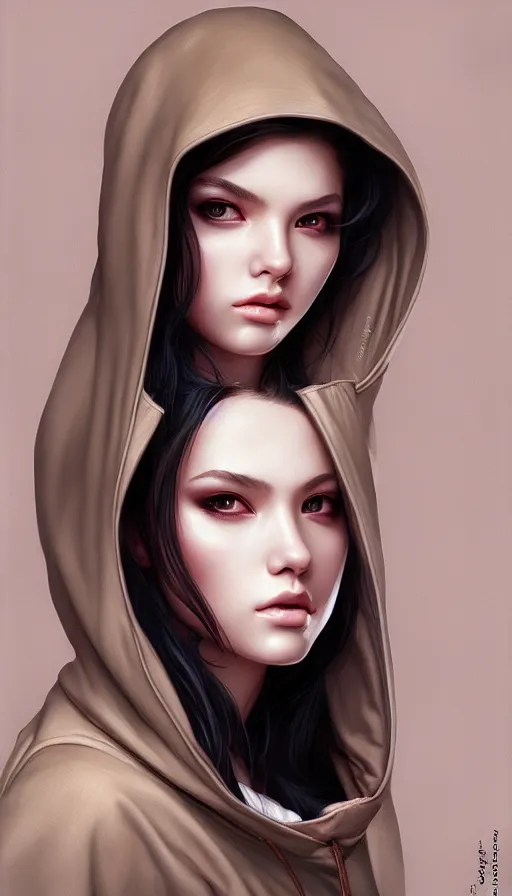 Image similar to photo of a gorgeous young girl hooded in the style of stefan kostic, realistic, sharp focus, 8k high definition, high fashion, vogue, insanely detailed, intricate, elegant, art by stanley lau and artgerm, sigma 85mm art