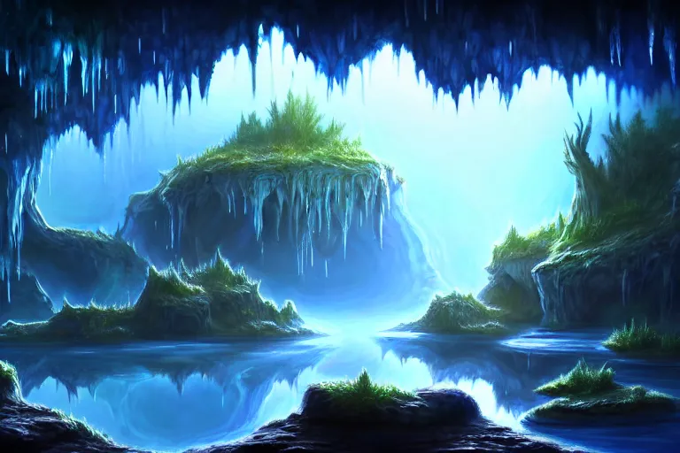 Image similar to beautiful stunning painting of a deep mysterious rocky varied cave landscape filled with large magic glowing clear crystals and filled with some ((plants)) and a small reflective pond, fantasy, digital art, realism, unreal engine, sharp, detailed, trending on artstation