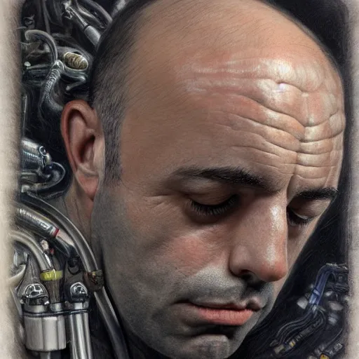 Prompt: joe rogan sleeping by H. R. Giger trending on artstation, detailed art, oil painting, high fantasy, horror, science fiction