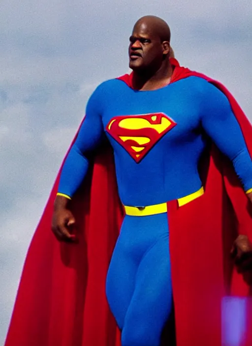 Image similar to film still of Shaquille O'Neal as Superman in Superman, 4k