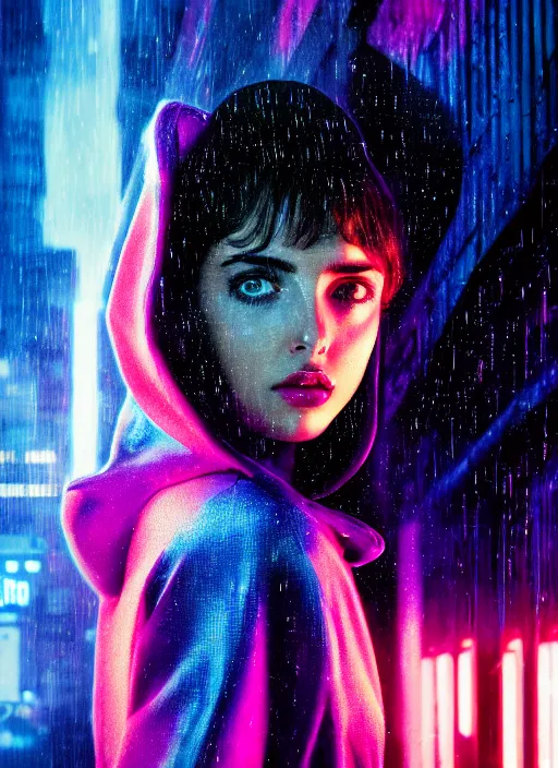 Prompt: A hyper realistic and detailed head portrait photography of Ana De Armas of Blade Runner 2048 in an iridescent hoodie on a futuristic street. by Annie Leibovitz. Neo noir style. Cinematic. neon lights glow in the background. Cinestill 800T film. Lens flare. Helios 44m