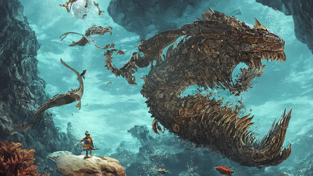 Prompt: An diver is under the sea, he has a big egg with him, he is swimming away from the giant Ryūjin that is behind hunting him, the Ryūjin is evil, this is an extravagant planet with wacky wildlife and some mythical animals, the background is full of ancient ruins, the ambient is dark with a terrifying atmosphere, by Jordan Grimmer digital art, trending on Artstation,