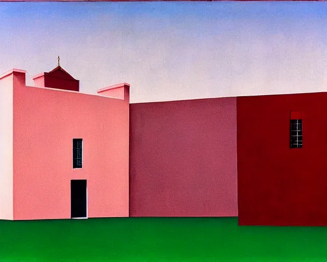 Image similar to light pale pink and deep red painting by Magritte.