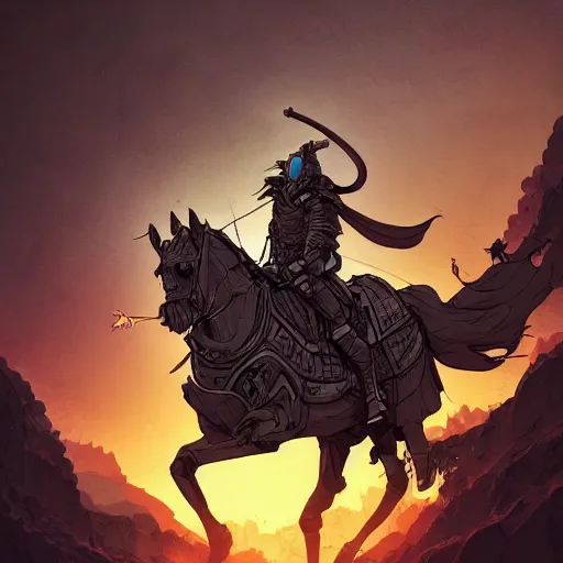 Prompt: cell shaded cartoon, a portrait of a warrior on a horse wearing ridiculously large black armor, illustration, wide shot, subtle colors, concept art by josan gonzales and wlop, laurie greasley, jordan grimmer and james jean, highly detailed, sharp focus, trending on artstation, hq, deviantart, art by artgem