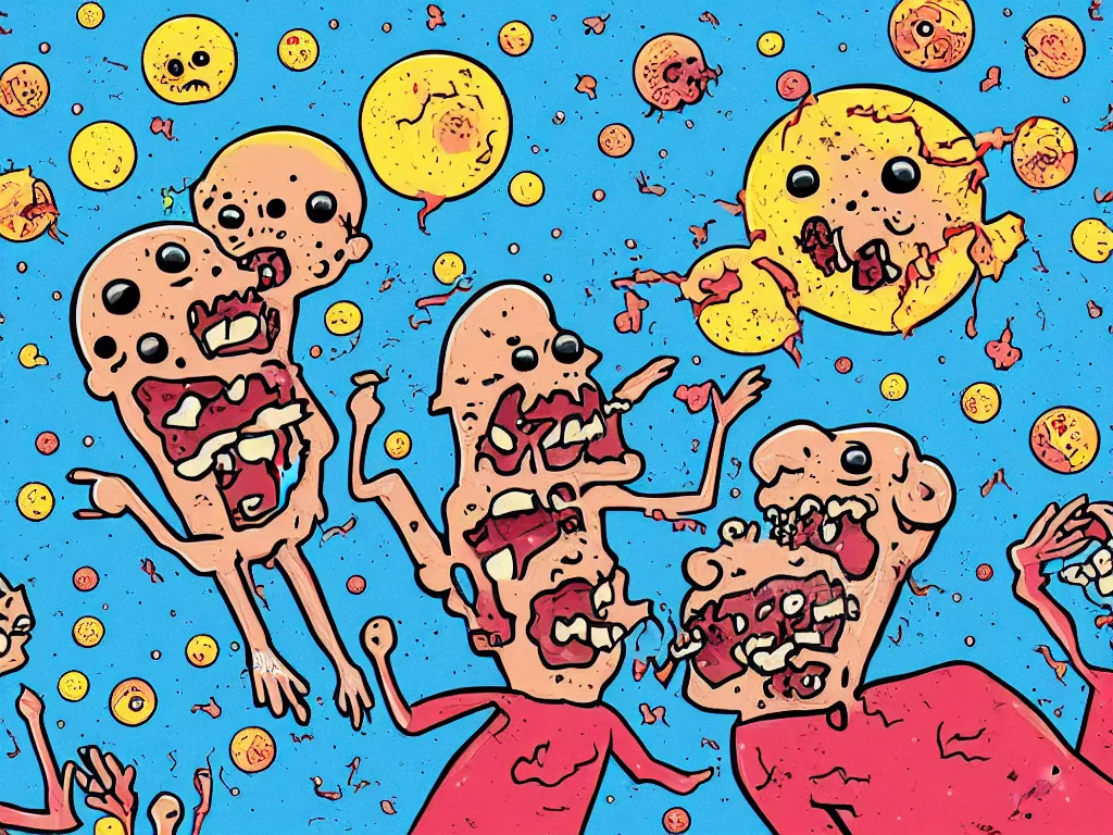 Prompt: happy zombies eating each other, floating in space, cartoon illustration, detailed