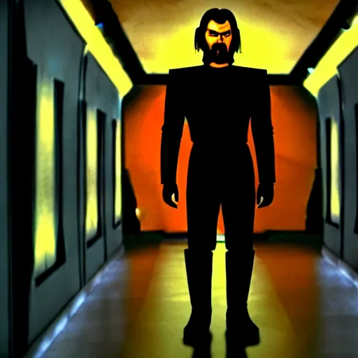 Image similar to a Klingon standing in a Star Trek Federation hallway