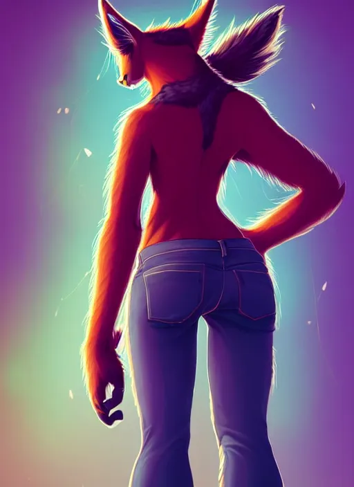 Image similar to wide angle beautiful full body portrait of a strong female anthropomorphic anthro lynx fursona from behind wearing jeans and no boots, paw pads instead of feet and arms, character design by alena aenami, disney, anime, manga, artgerm, furaffinity, detailed, soft lighting,