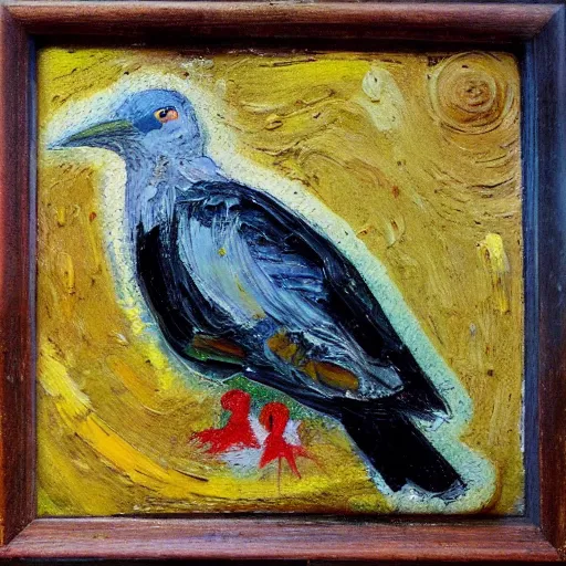 Image similar to oil paint impasto relief, beautiful wood pigeon, multi layered thick brush marks, in the style of ivan shishkin and frank auerbach and van gogh