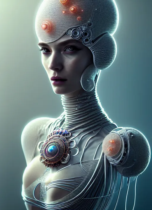 Image similar to portrait of an absurdly beautiful, graceful, sophisticated, fashionable cyberpunk mechanoid, hyperdetailed illustration by irakli nadar and alexandre ferra, intricate linework, white porcelain skin, faberge, coral headdress, octane render, gsociety, global illumination, radiant light, detailed and intricate environment